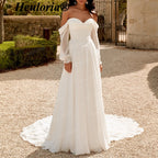HEULORIA Elegant Off-the-Shoulder Long Sleeve Crepe A-Line Wedding Dress with Basque Waist AL-QK205