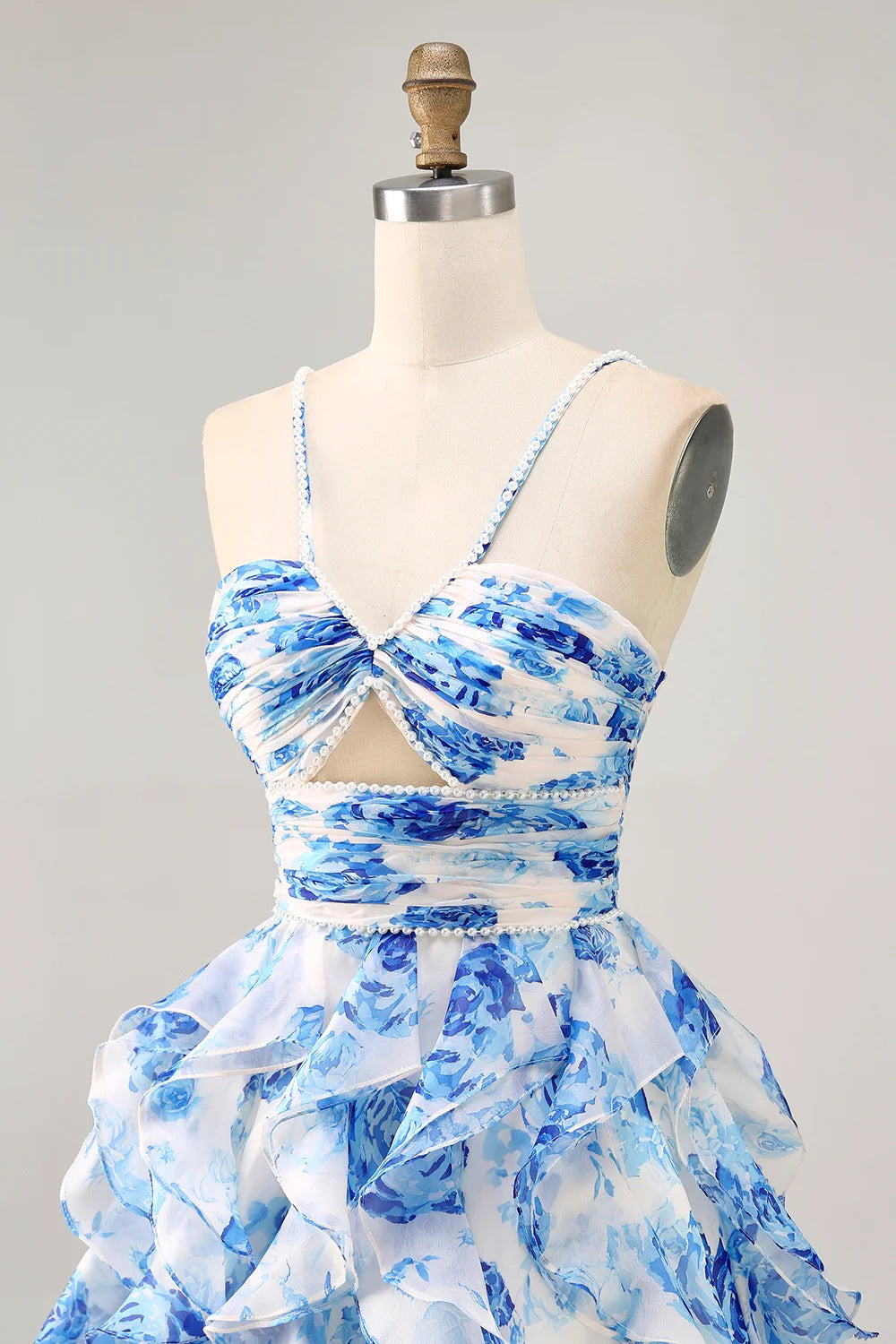 HEULORIA Pearl Beaded Straps Floral Ruffle Mini Homecoming Dress - Whimsical Tiered Rose Print Cocktail Gown ED-614