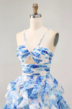 HEULORIA Pearl Beaded Straps Floral Ruffle Mini Homecoming Dress - Whimsical Tiered Rose Print Cocktail Gown ED-614