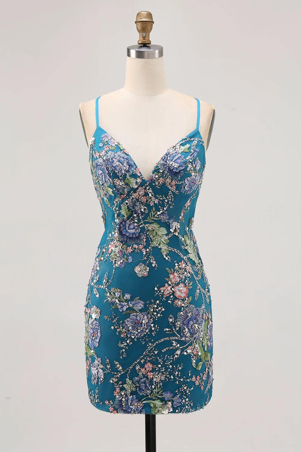 HEULORIA Floral Embroidered Sequin Bodycon Mini Dress with Sheer Mesh Cut-outs and Lace-Up Back ED-597