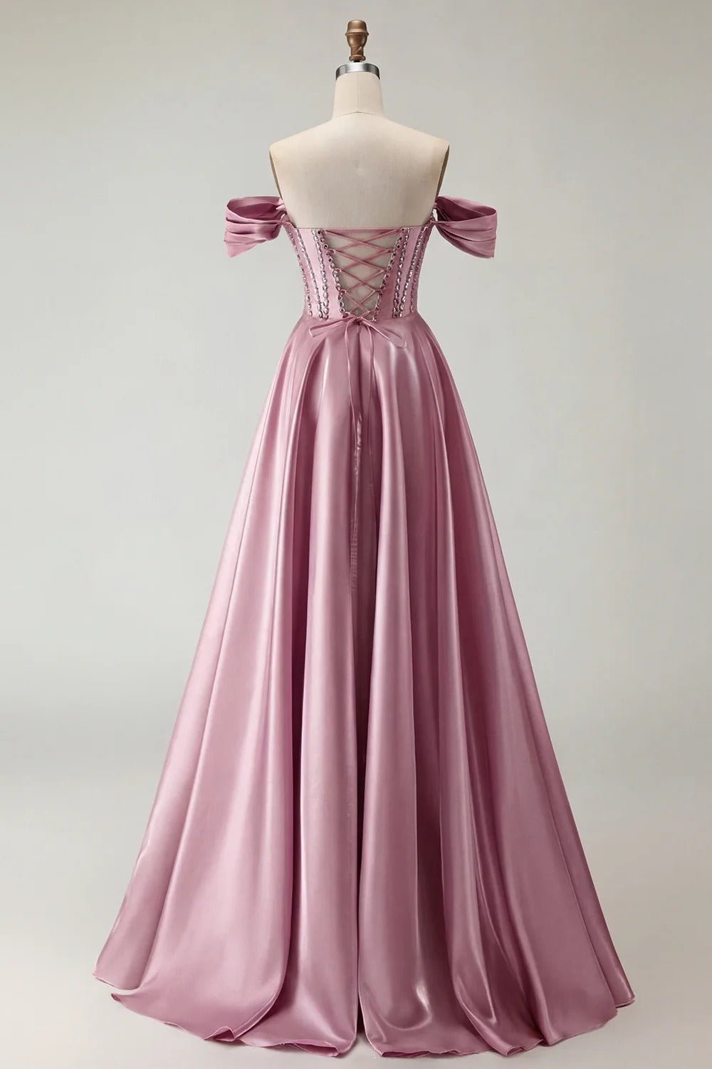 HEULORIA Off-the-Shoulder Sequin Beaded Satin Prom Dress with Slit & Corset Back ED-586