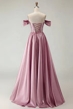 HEULORIA Off-the-Shoulder Sequin Beaded Satin Prom Dress with Slit & Corset Back ED-586