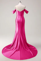 HEULORIA Elegant Ruched Satin Mermaid Evening Gown with Crystal Embellished Straps & Off-the-Shoulder Sleeves ED-349