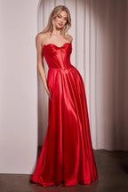 HEULORIA Strapless Sweetheart Satin Corset Prom Dress with Slit and Pockets ED-199