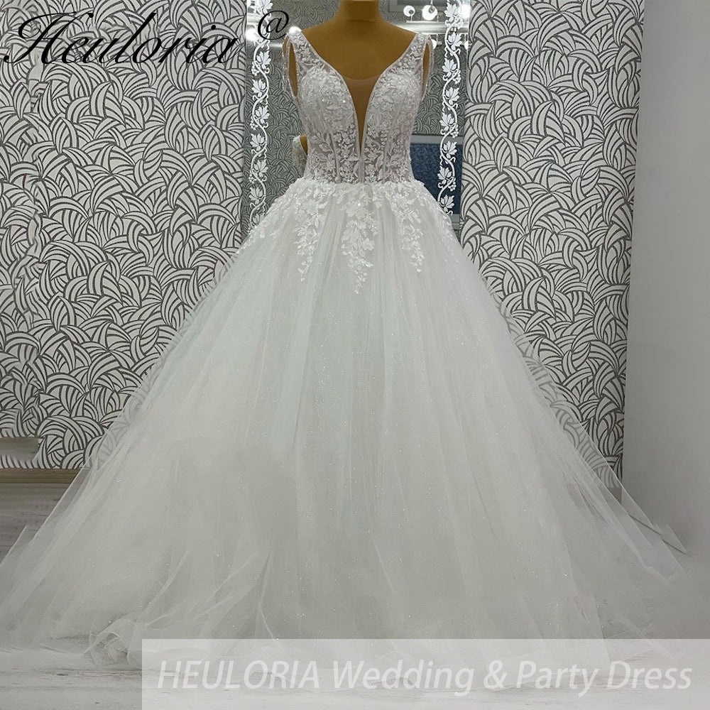 HEULORIA V Neck Sleeveless A lineWedding Dress Boho Lace Appliques Tulle Long Bridal Gowns Backless Vestidos de Novia Customized AL-969