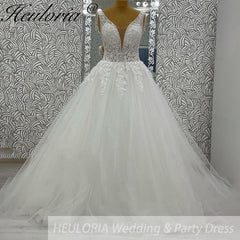 HEULORIA V Neck Sleeveless A lineWedding Dress Boho Lace Appliques Tulle Long Bridal Gowns Backless Vestidos de Novia Customized AL-969