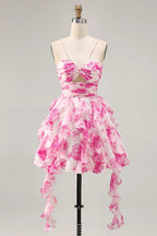 HEULORIA Pearl Beaded Straps Floral Ruffle Mini Homecoming Dress - Whimsical Tiered Rose Print Cocktail Gown ED-614
