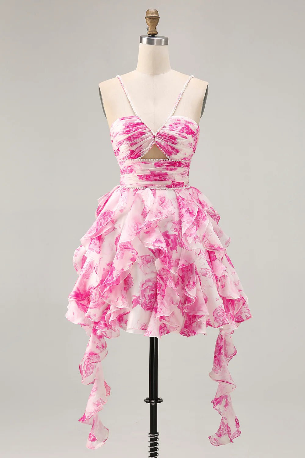 HEULORIA Pearl Beaded Straps Floral Ruffle Mini Homecoming Dress - Whimsical Tiered Rose Print Cocktail Gown ED-614