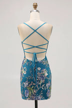 HEULORIA Floral Embroidered Sequin Bodycon Mini Dress with Sheer Mesh Cut-outs and Lace-Up Back ED-597