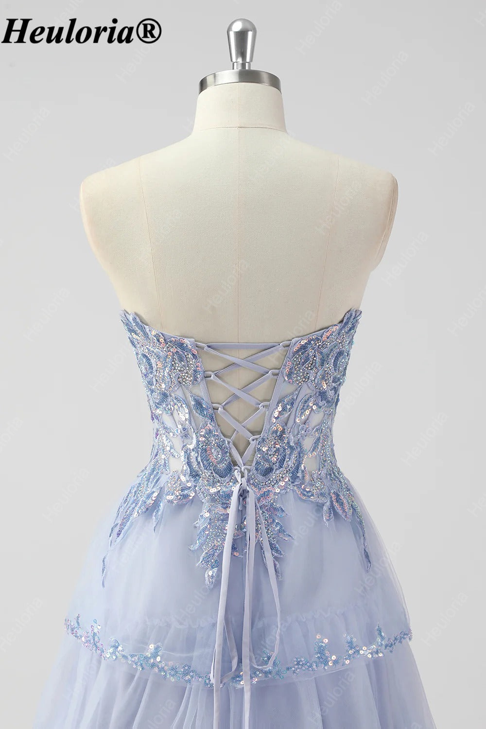 HEULORIA Sequin Lace Tiered Tulle Prom Dress with Spaghetti Straps ED-577