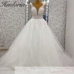 Heuloria Ethereal A-Line Wedding Dress with Deep V-Neck and Draped Pearl Shoulder Accents AL-969