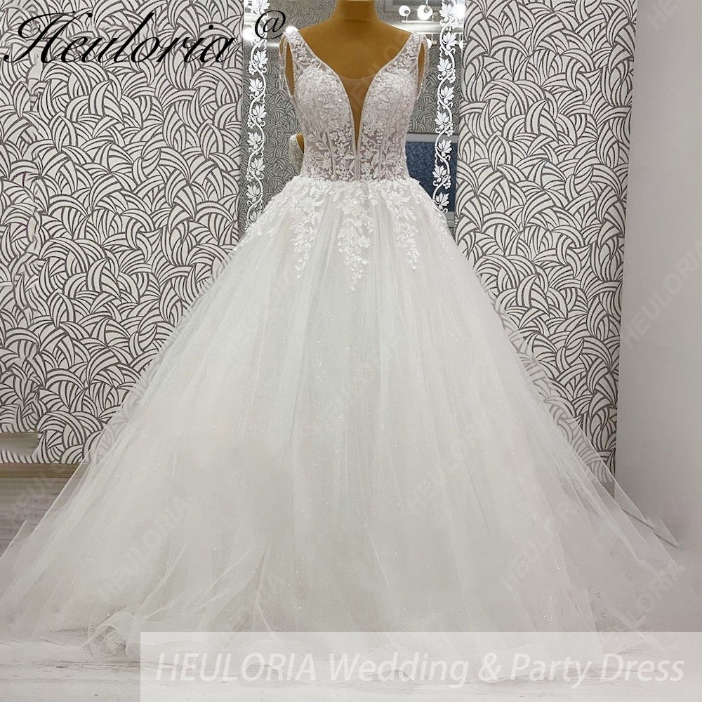 Heuloria Ethereal A-Line Wedding Dress with Deep V-Neck and Draped Pearl Shoulder Accents AL-969