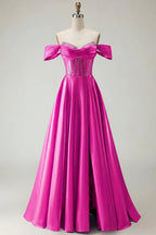 HEULORIA Off-the-Shoulder Sequin Beaded Satin Prom Dress with Slit & Corset Back ED-586