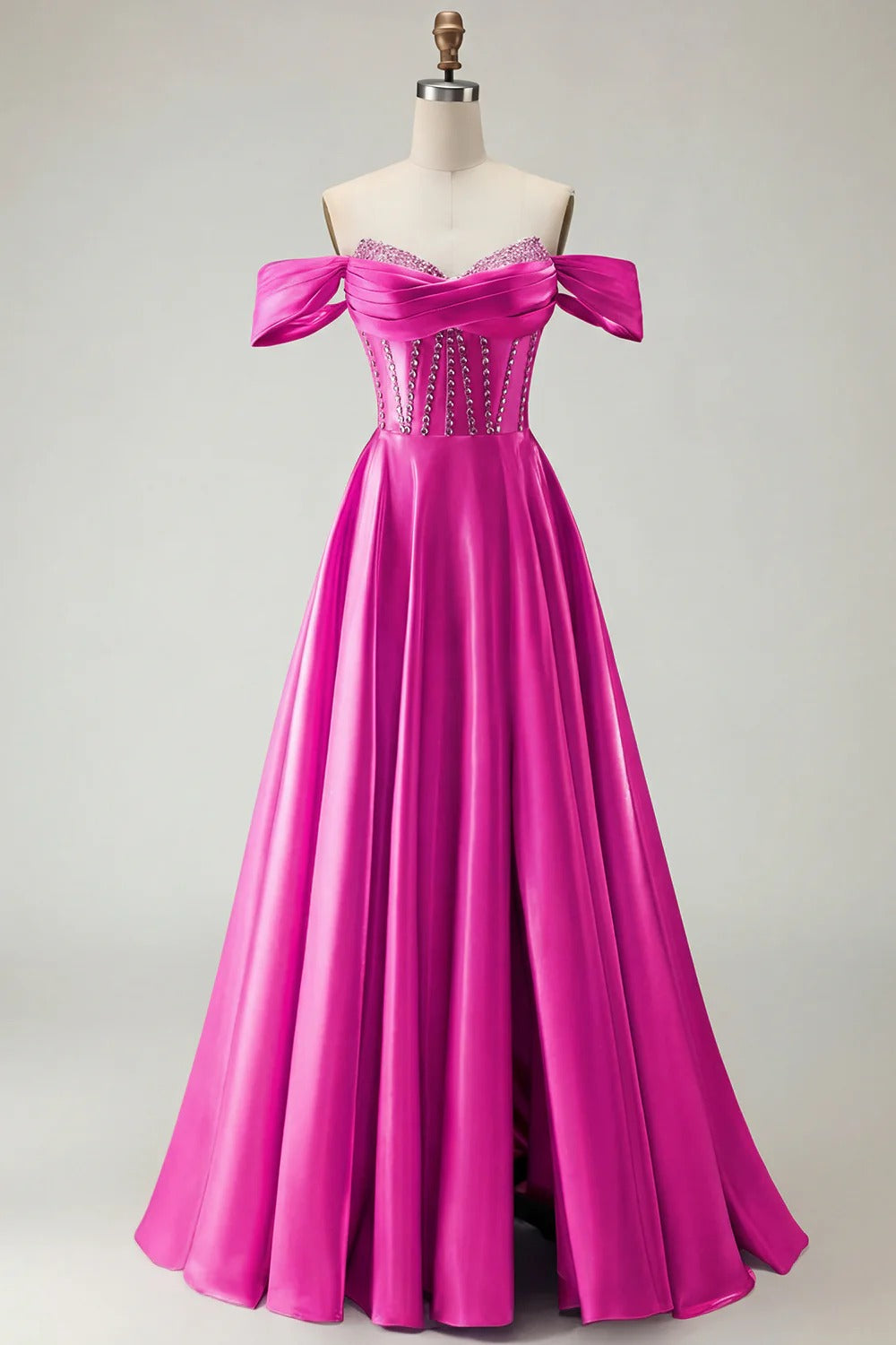 HEULORIA Off-the-Shoulder Sequin Beaded Satin Prom Dress with Slit & Corset Back ED-586