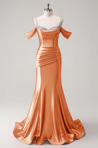 HEULORIA Elegant Ruched Satin Mermaid Evening Gown with Crystal Embellished Straps & Off-the-Shoulder Sleeves ED-349