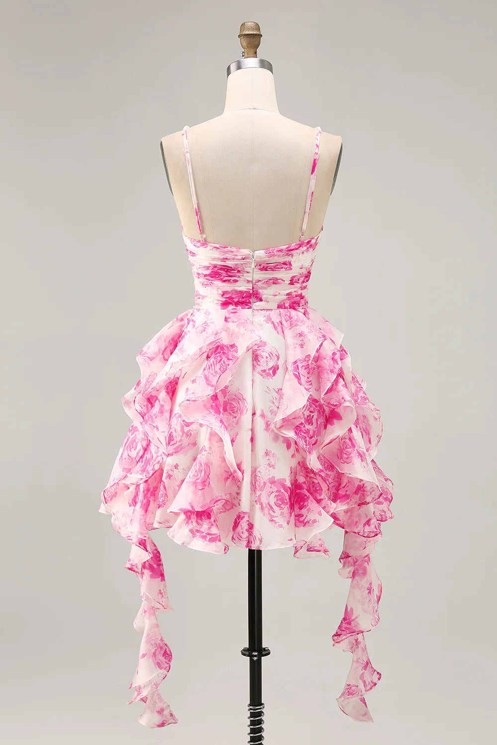 HEULORIA Pearl Beaded Straps Floral Ruffle Mini Homecoming Dress - Whimsical Tiered Rose Print Cocktail Gown ED-614