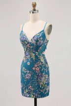 HEULORIA Floral Embroidered Sequin Bodycon Mini Dress with Sheer Mesh Cut-outs and Lace-Up Back ED-597