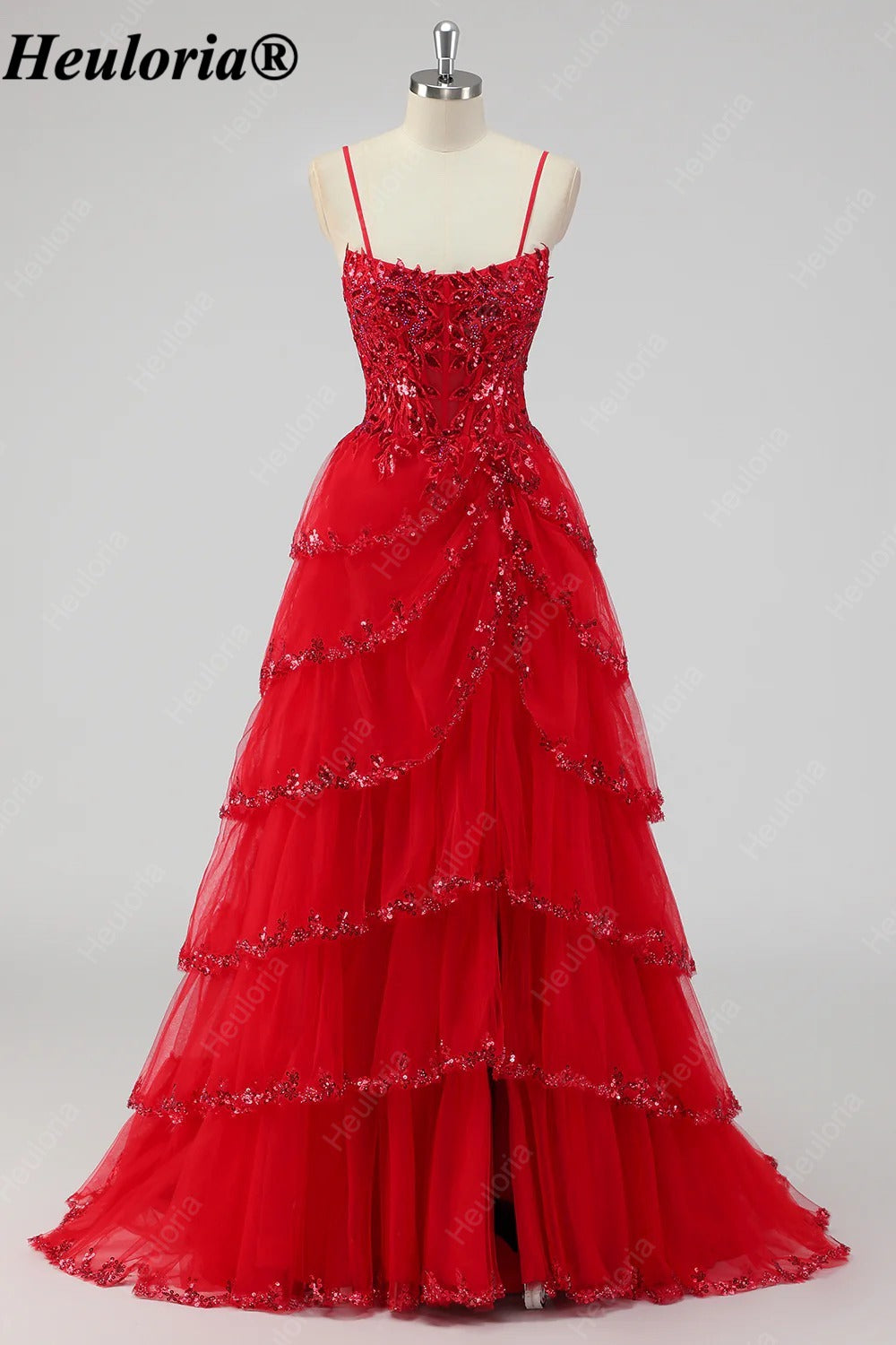 HEULORIA Sequin Lace Tiered Tulle Prom Dress with Spaghetti Straps ED-577