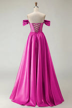 HEULORIA Off-the-Shoulder Sequin Beaded Satin Prom Dress with Slit & Corset Back ED-586