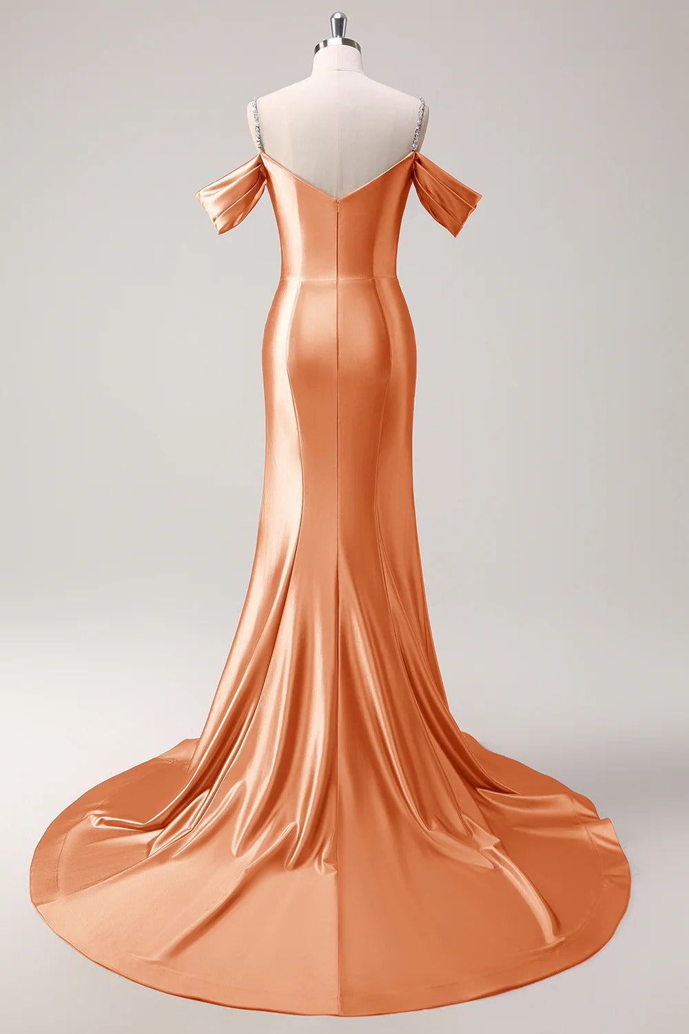 HEULORIA Elegant Ruched Satin Mermaid Evening Gown with Crystal Embellished Straps & Off-the-Shoulder Sleeves ED-349