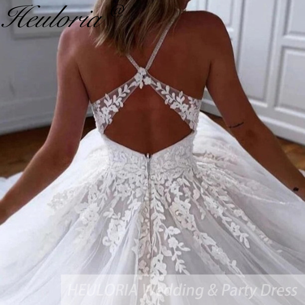 HEULORIA  elegant A line wedding dress Spaghetti Strap lace applique bridal dress Robe De Mariee Wedding Bride Dress AL-117