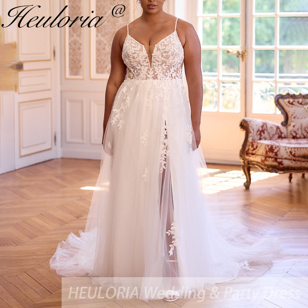 HEULORIA Boho a line Wedding Dress plug v neck lace bride dress plus size robe de mariee  A line Wedding Bridal Gown AL-954