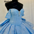 HEULORIA Cinderella Light Blue Glitter Ball Gown Quinceañera Dress with Off-Shoulder Bodice & Dramatic Bow BA-42