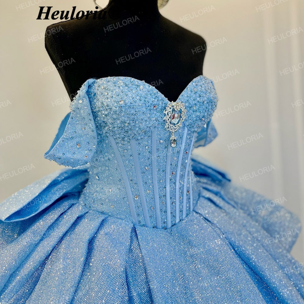 HEULORIA Cinderella Light Blue Glitter Ball Gown Quinceañera Dress with Off-Shoulder Bodice & Dramatic Bow BA-42