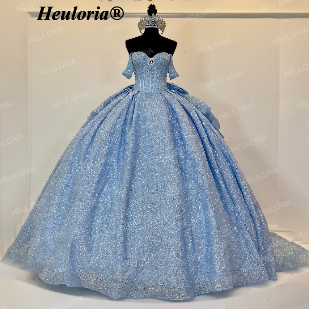 HEULORIA Cinderella Light Blue Glitter Ball Gown Quinceañera Dress with Off-Shoulder Bodice & Dramatic Bow BA-42 Main image