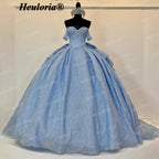 HEULORIA Cinderella Light Blue Glitter Ball Gown Quinceañera Dress with Off-Shoulder Bodice & Dramatic Bow BA-42