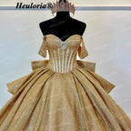 HEULORIA Luxury Gold Off-the-Shoulder Quinceañera Ball Gown with Crystal Corset & Back Bow BA-45