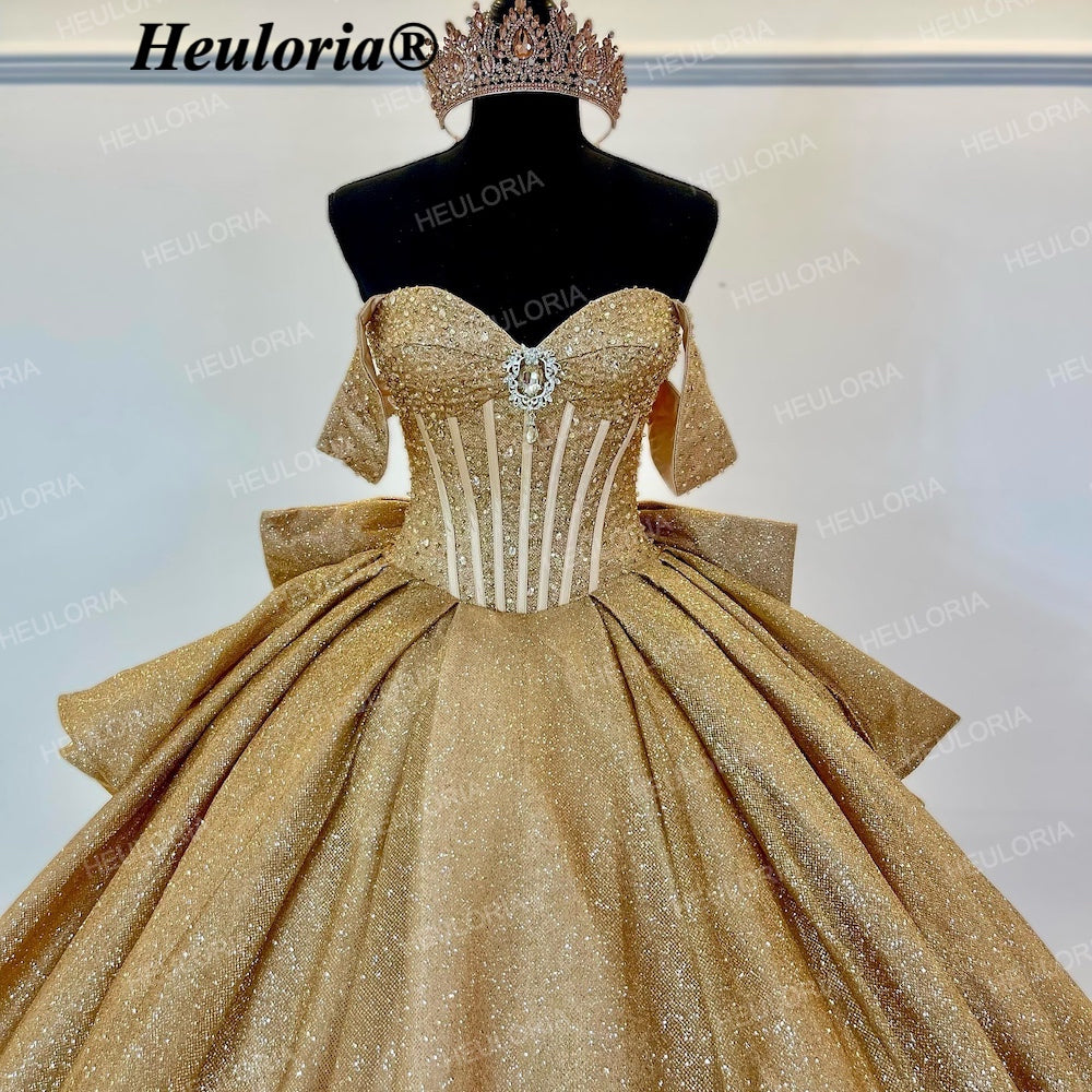 HEULORIA Luxury Gold Off-the-Shoulder Quinceañera Ball Gown with Crystal Corset & Back Bow BA-45