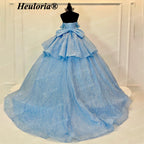 HEULORIA Cinderella Light Blue Glitter Ball Gown Quinceañera Dress with Off-Shoulder Bodice & Dramatic Bow BA-42