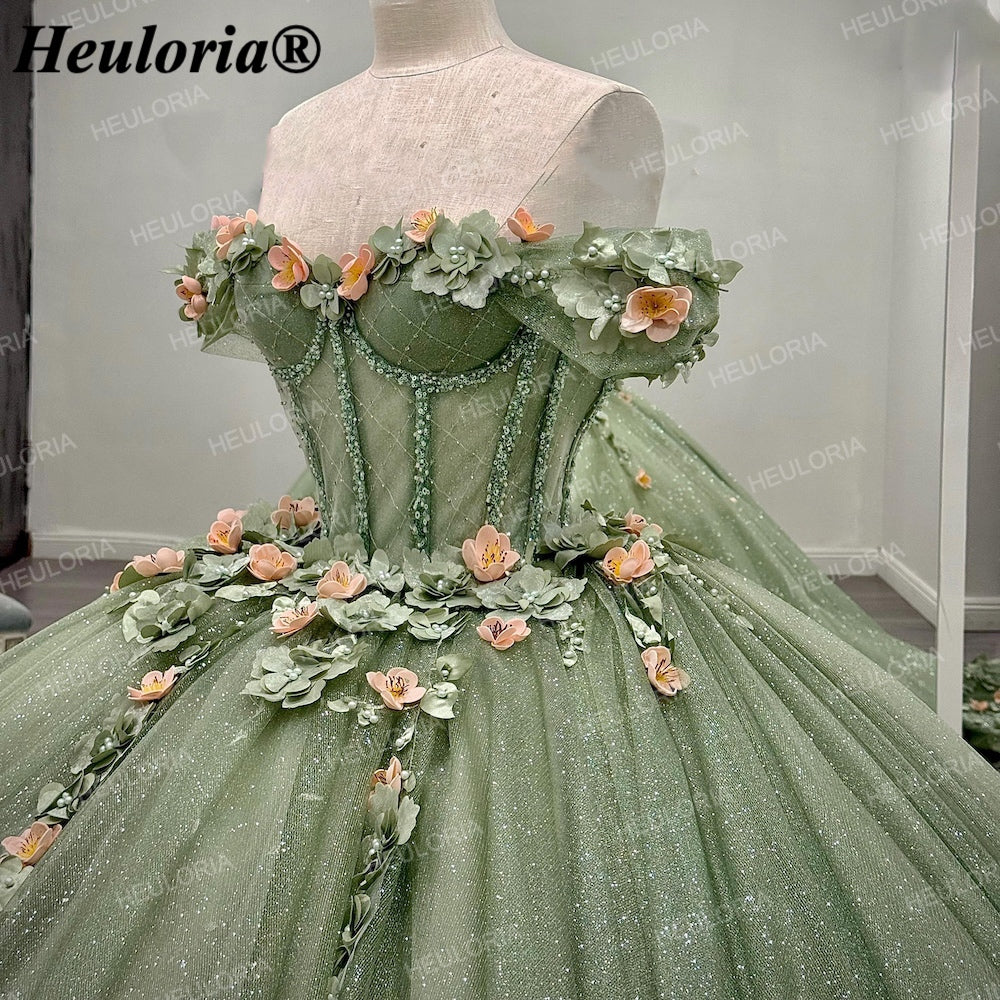 Sage Green 3D Floral Off-Shoulder Quinceañera Ball Gown with Corset Back BA-47