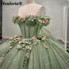 Sage Green 3D Floral Off-Shoulder Quinceañera Ball Gown with Corset Back BA-47