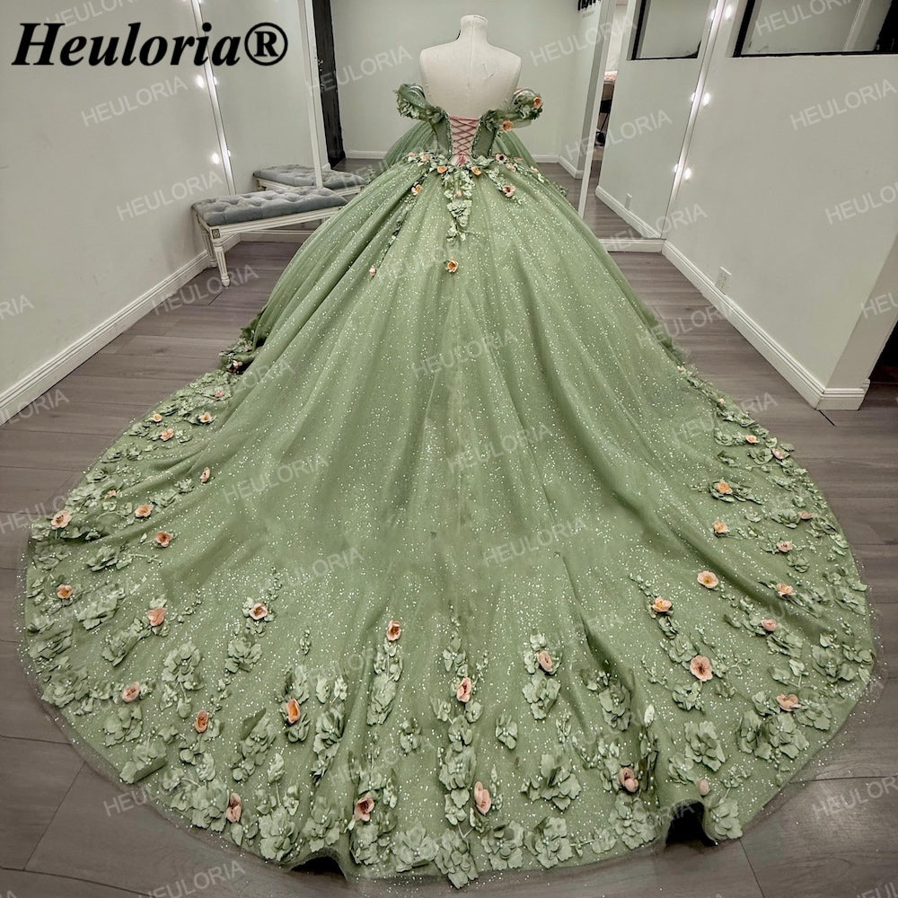Sage Green 3D Floral Off-Shoulder Quinceañera Ball Gown with Corset Back BA-47