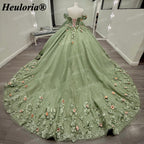 Sage Green 3D Floral Off-Shoulder Quinceañera Ball Gown with Corset Back BA-47