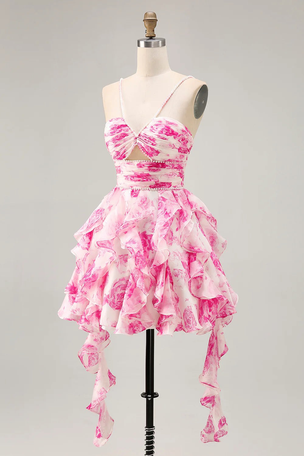 HEULORIA Pearl Beaded Straps Floral Ruffle Mini Homecoming Dress - Whimsical Tiered Rose Print Cocktail Gown ED-614