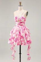 HEULORIA Pearl Beaded Straps Floral Ruffle Mini Homecoming Dress - Whimsical Tiered Rose Print Cocktail Gown ED-614