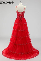 HEULORIA Sequin Lace Tiered Tulle Prom Dress with Spaghetti Straps ED-577