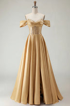 HEULORIA Off-the-Shoulder Sequin Beaded Satin Prom Dress with Slit & Corset Back ED-586