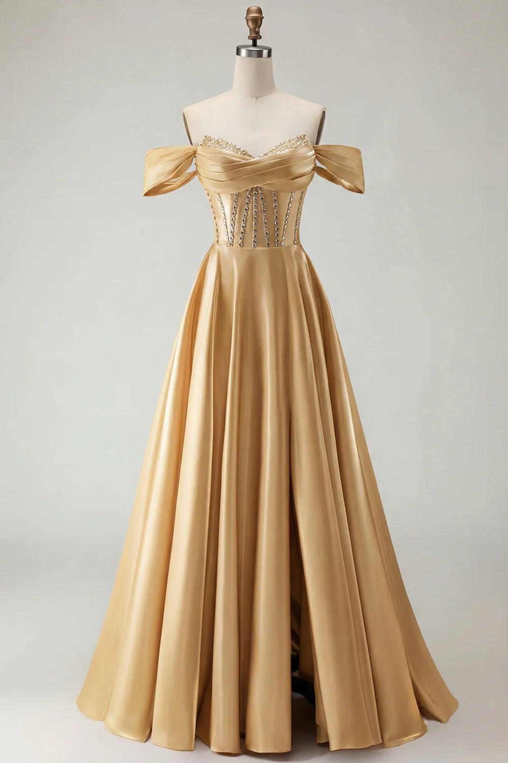 HEULORIA Off-the-Shoulder Sequin Beaded Satin Prom Dress with Slit & Corset Back ED-586