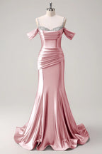 HEULORIA Elegant Ruched Satin Mermaid Evening Gown with Crystal Embellished Straps & Off-the-Shoulder Sleeves ED-349