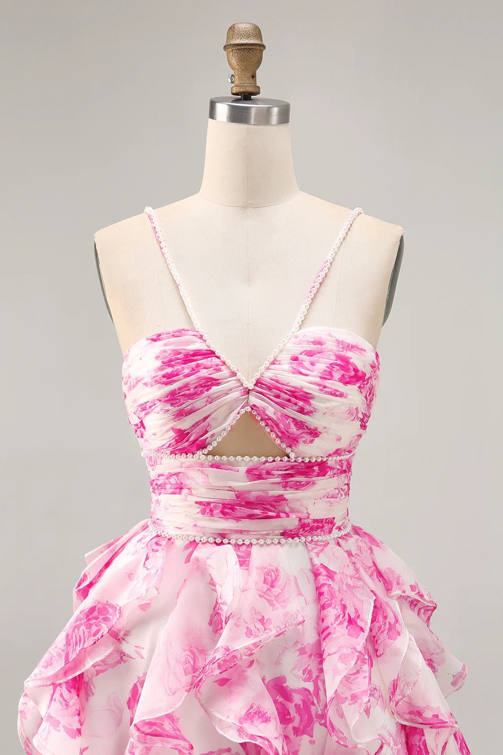 HEULORIA Pearl Beaded Straps Floral Ruffle Mini Homecoming Dress - Whimsical Tiered Rose Print Cocktail Gown ED-614