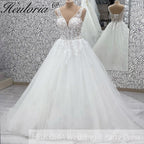Heuloria Leafy Floral Lace V-Neck Wedding Dress: Shimmering Glitter Tulle A-Line Gown with Corset Back AL-970