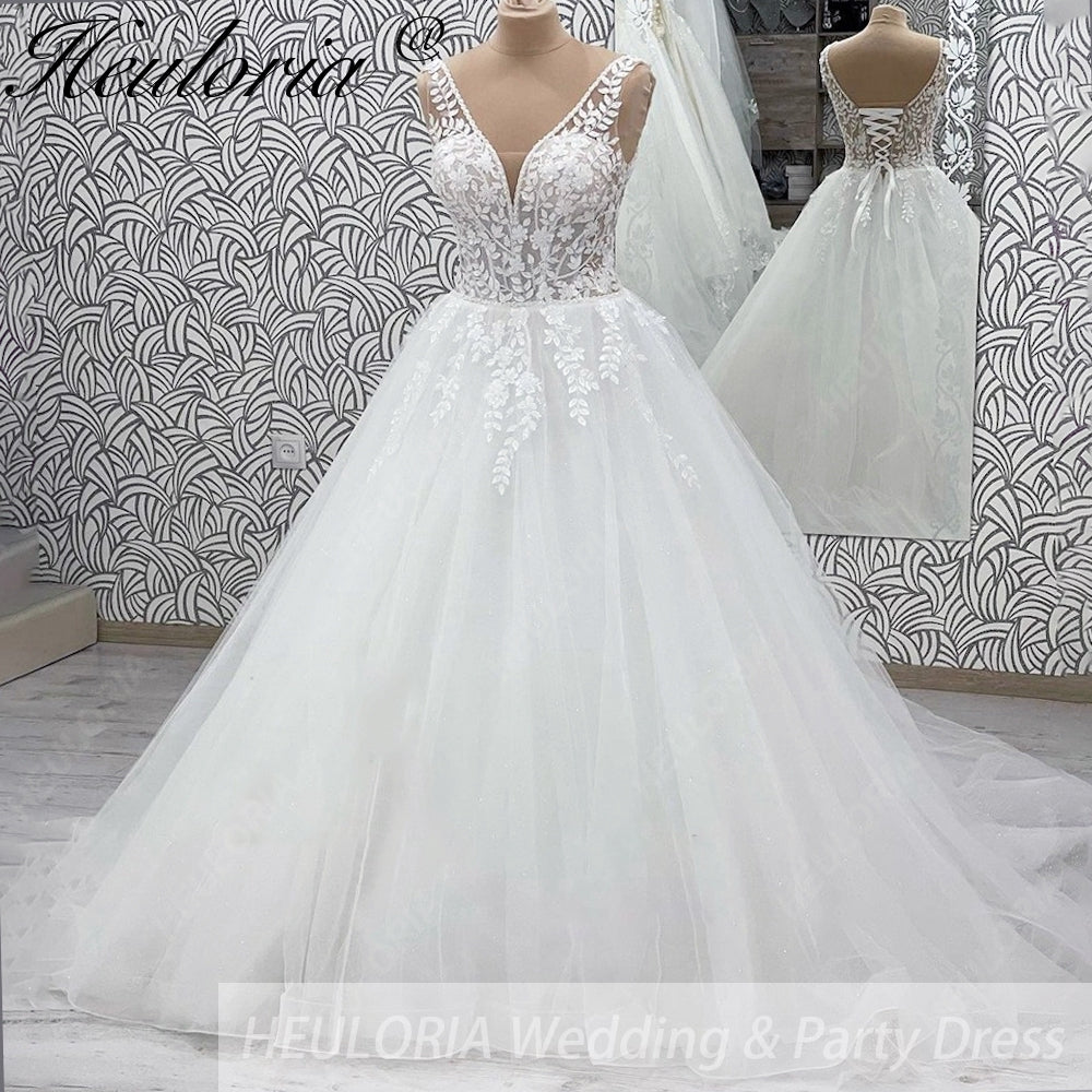 Heuloria Leafy Floral Lace V-Neck Wedding Dress: Shimmering Glitter Tulle A-Line Gown with Corset Back AL-970