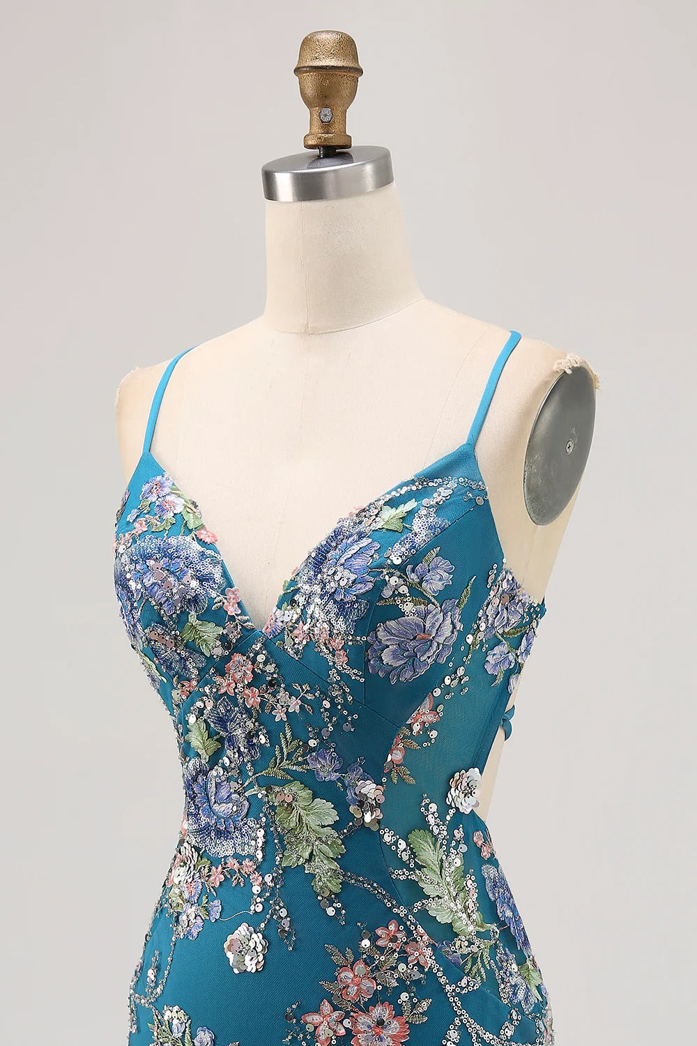 HEULORIA Floral Embroidered Sequin Bodycon Mini Dress with Sheer Mesh Cut-outs and Lace-Up Back ED-597