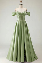 HEULORIA Off-the-Shoulder Sequin Beaded Satin Prom Dress with Slit & Corset Back ED-586