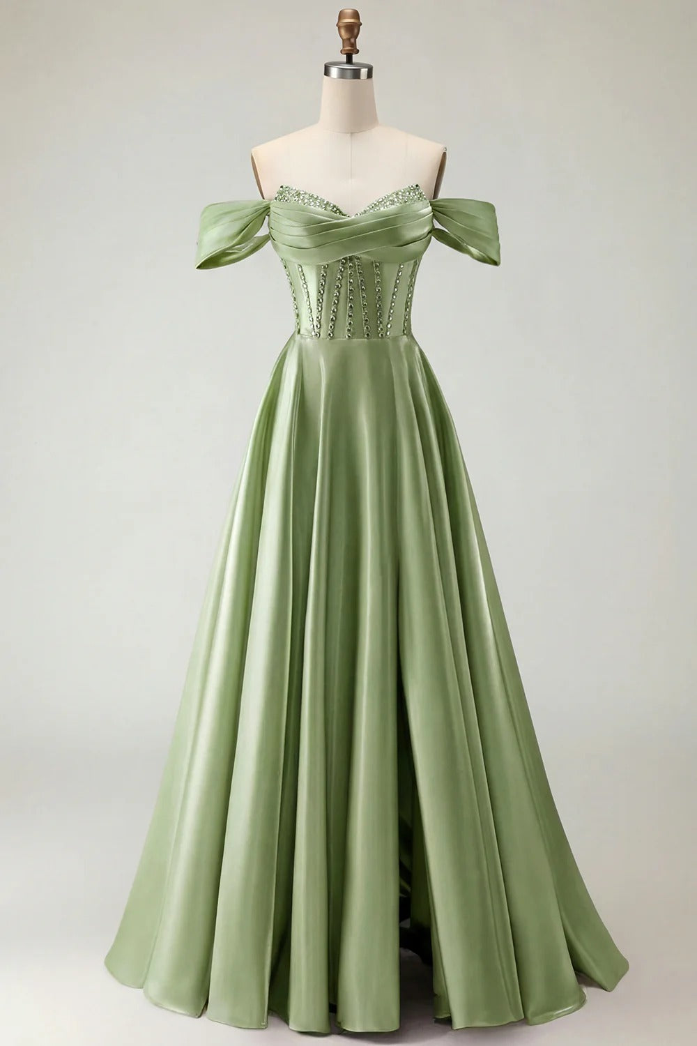 HEULORIA Off-the-Shoulder Sequin Beaded Satin Prom Dress with Slit & Corset Back ED-586