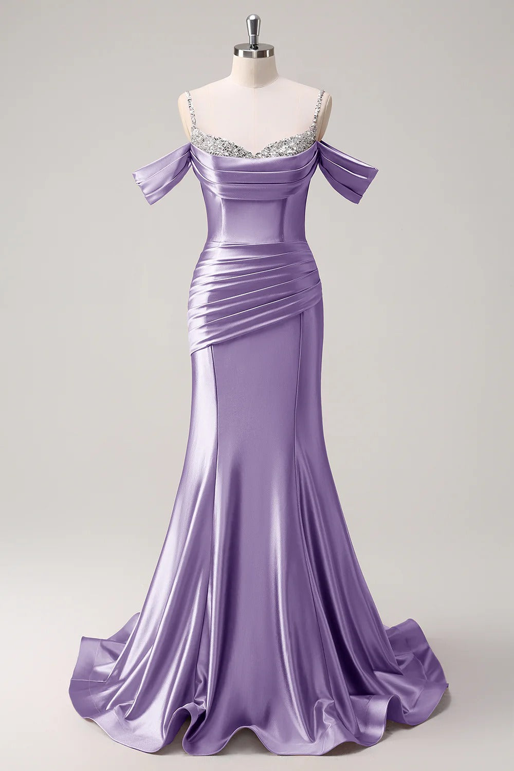 HEULORIA Elegant Ruched Satin Mermaid Evening Gown with Crystal Embellished Straps & Off-the-Shoulder Sleeves ED-349